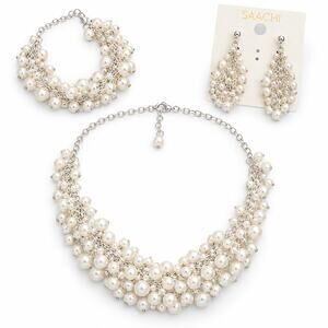 Saachi Silver Tone Faux Pearl Multi Strand Necklace Bracelet Earrings Set